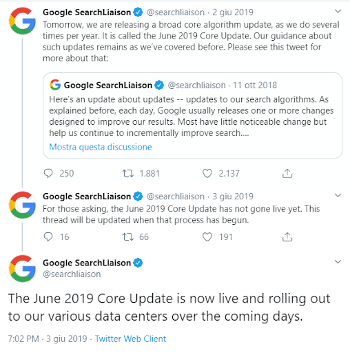 Aggiornamento algoritmo Google - Annuncio June 2019 Core Update